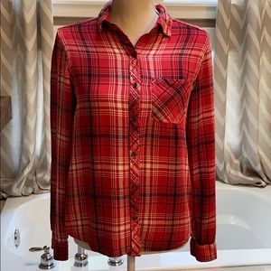 Plaid Dressy Rayon Soft Red Flannel-Look Button Down Button Front Shirt Blouse